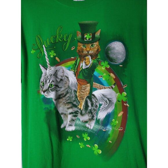 Lucky Unicorn Cat Meme Graphic T-Shirt Green Mens Medium Cotton - Picture 2 of 6
